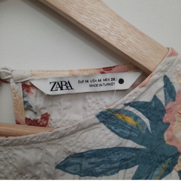 ZARA Cream Apricot Floral Seersucker Tiered Mini Dress - Picture 5 of 5